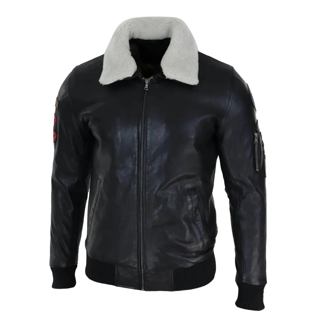 Men's Black Leather Pilot Jacket Bomber Air Force Aviator White Fur Collar