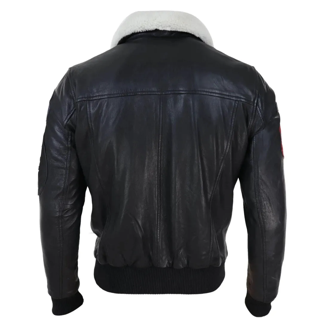 Men's Black Leather Pilot Jacket Bomber Air Force Aviator White Fur Collar