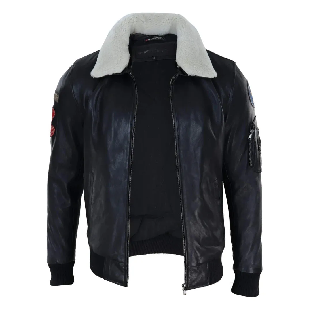 Men's Black Leather Pilot Jacket Bomber Air Force Aviator White Fur Collar