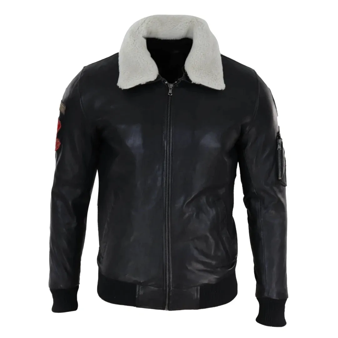 Men's Black Leather Pilot Jacket Bomber Air Force Aviator White Fur Collar