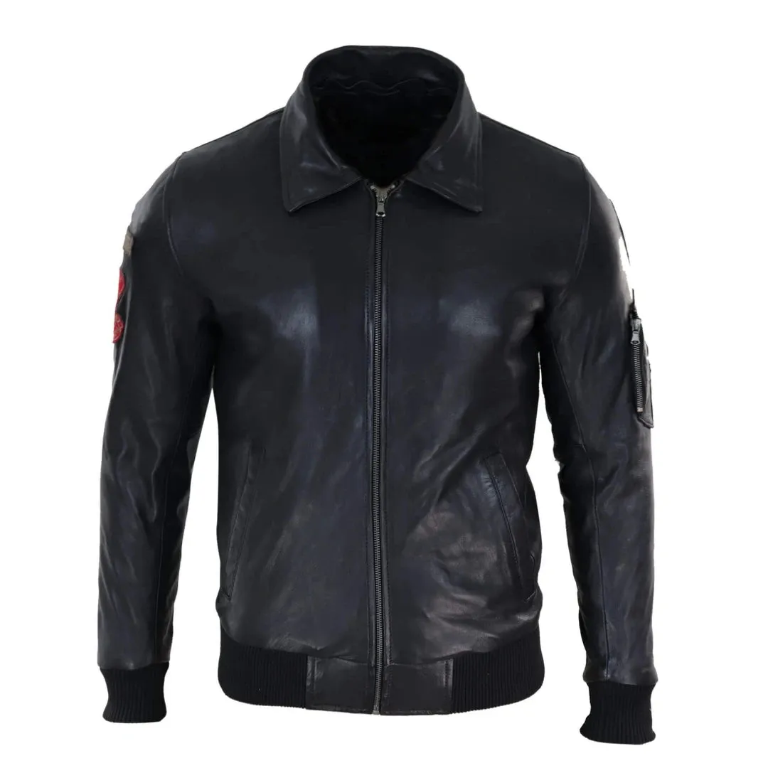 Men's Black Leather Pilot Jacket Bomber Air Force Aviator White Fur Collar