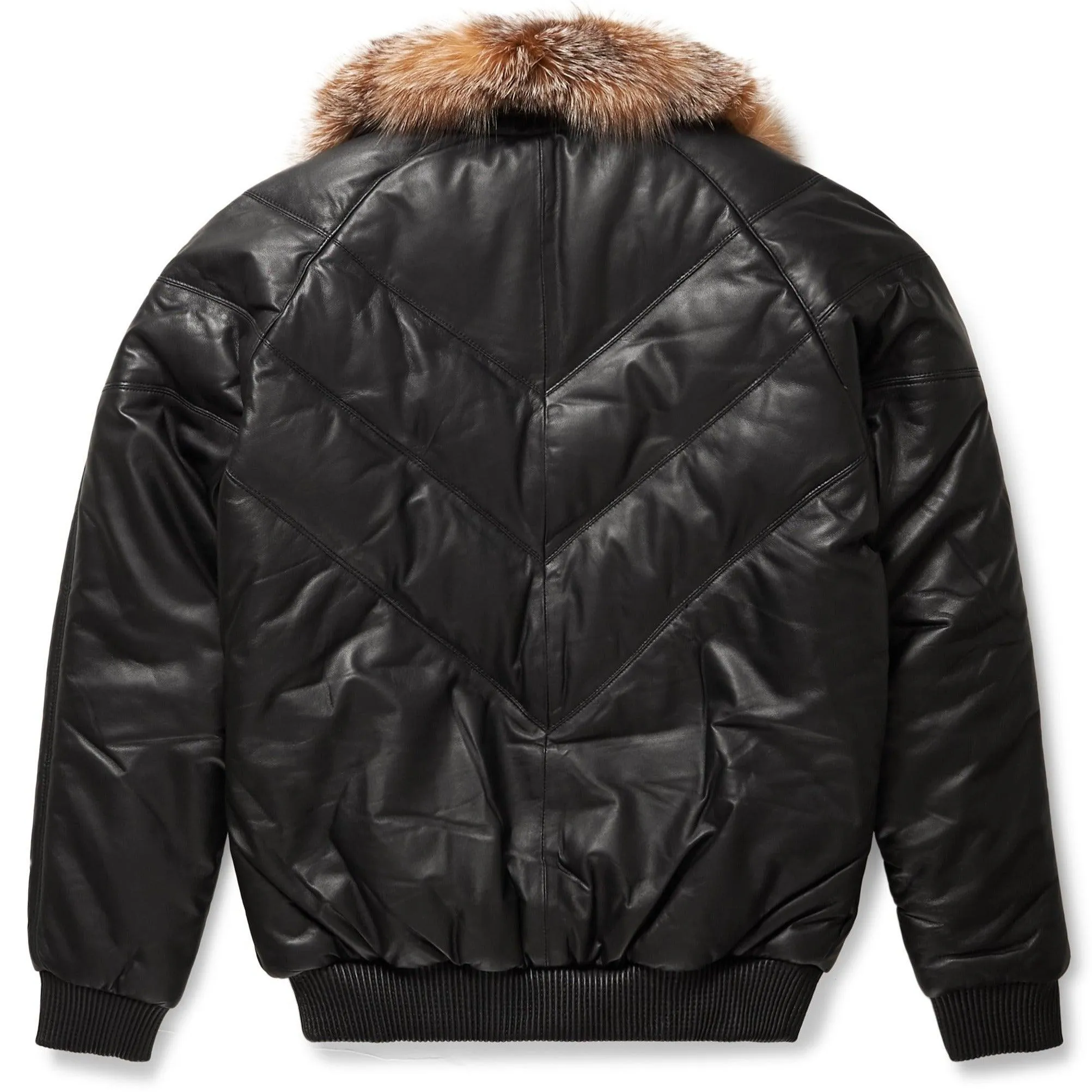 Men's Black Leather w/ Crystal Fox Fur V-Bomber Jacket