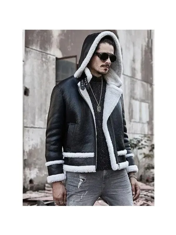 Men's Bomber Hooded Sheepskin Shearling Leather Jacket Short Coat