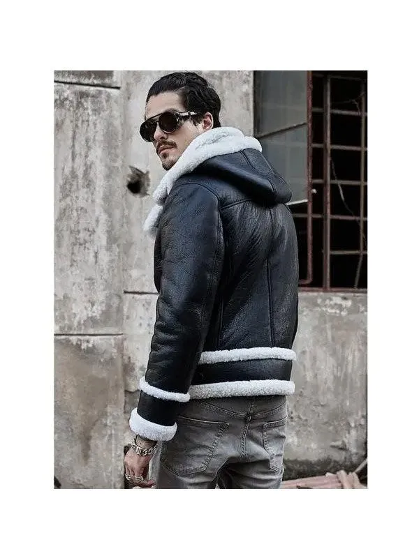 Men's Bomber Hooded Sheepskin Shearling Leather Jacket Short Coat