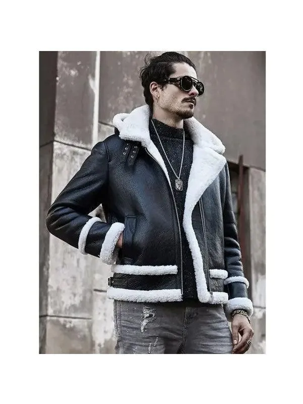 Men's Bomber Hooded Sheepskin Shearling Leather Jacket Short Coat