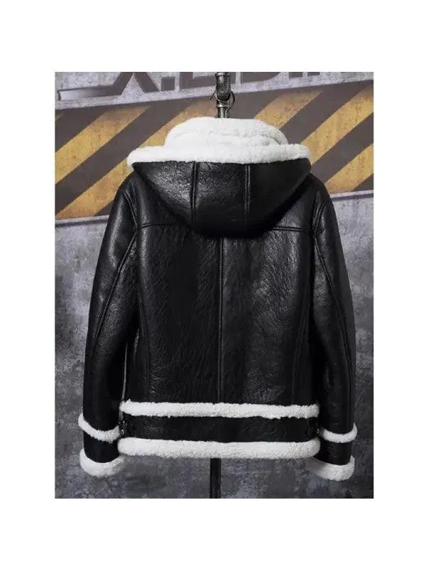 Men's Bomber Hooded Sheepskin Shearling Leather Jacket Short Coat