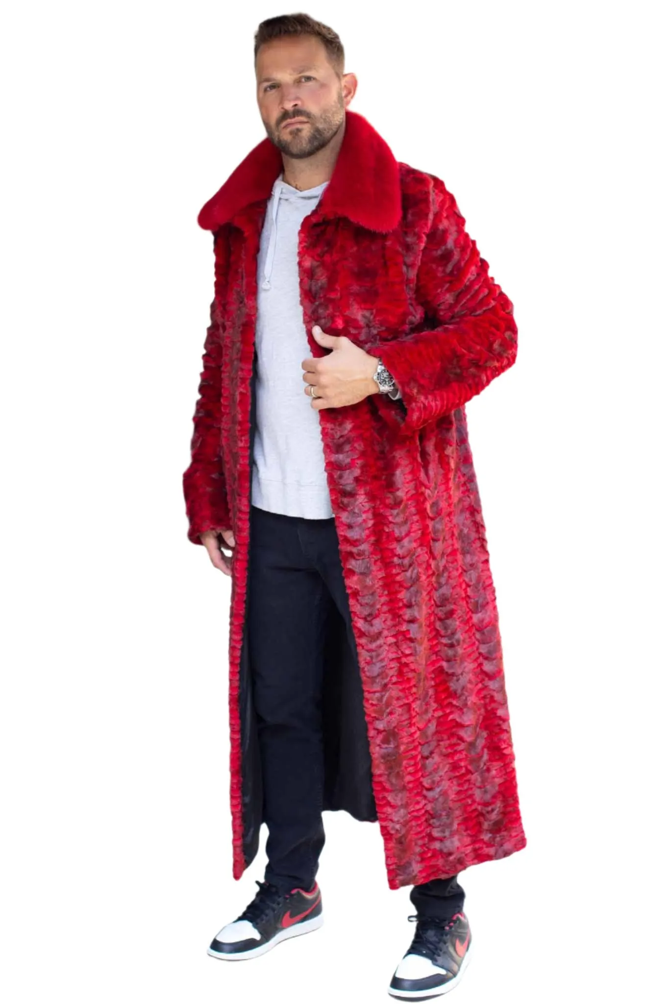 Men's Full Length Sculptured Mink Fur Coat with Full Mink Fur Collar