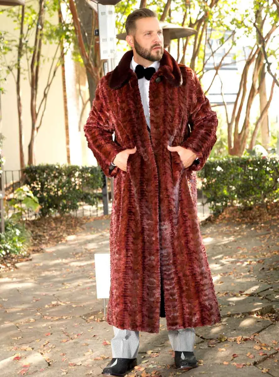 Men's Full Length Sculptured Mink Fur Coat with Full Mink Fur Collar