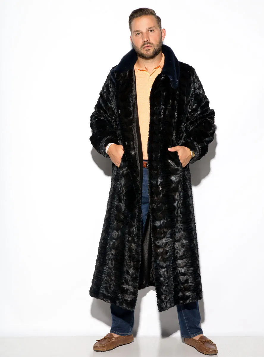 Men's Full Length Sculptured Mink Fur Coat with Full Mink Fur Collar