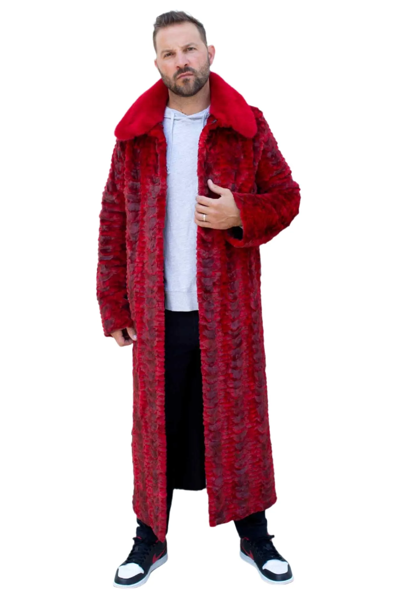 Men's Full Length Sculptured Mink Fur Coat with Full Mink Fur Collar