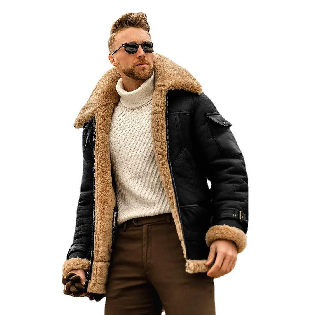 Men's Leather & Fur Jacket Thickened Mid length Autumn and Winter