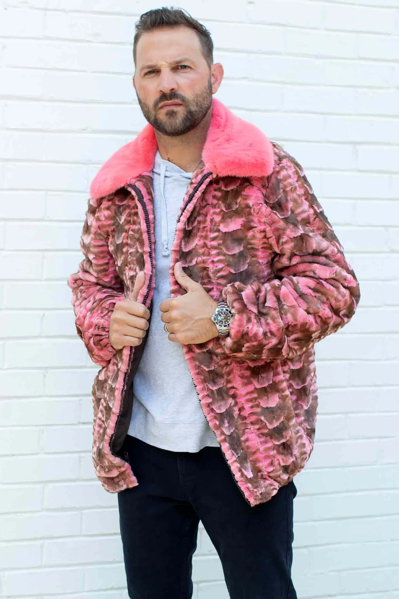 Men's Mink Fur Bomber Jacket with Full Skin Mink Fur Collar