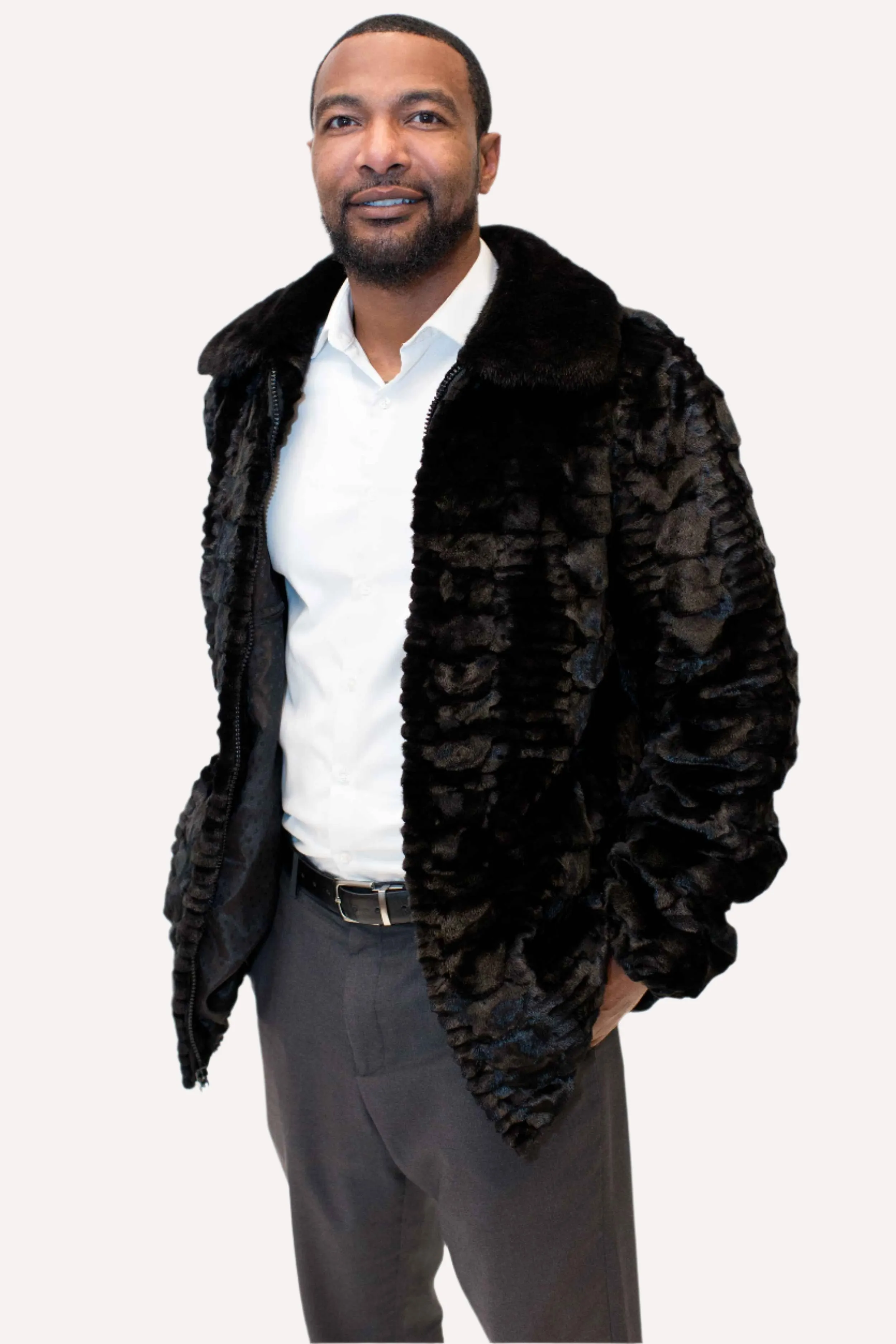 Men's Mink Fur Bomber Jacket with Full Skin Mink Fur Collar