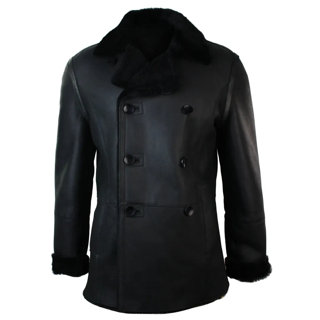 Men's Shearling German Navy Sheepskin Double Breasted Jacket Black Fitted