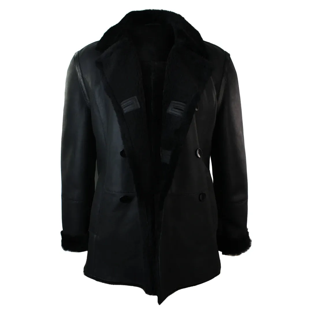 Men's Shearling German Navy Sheepskin Double Breasted Jacket Black Fitted