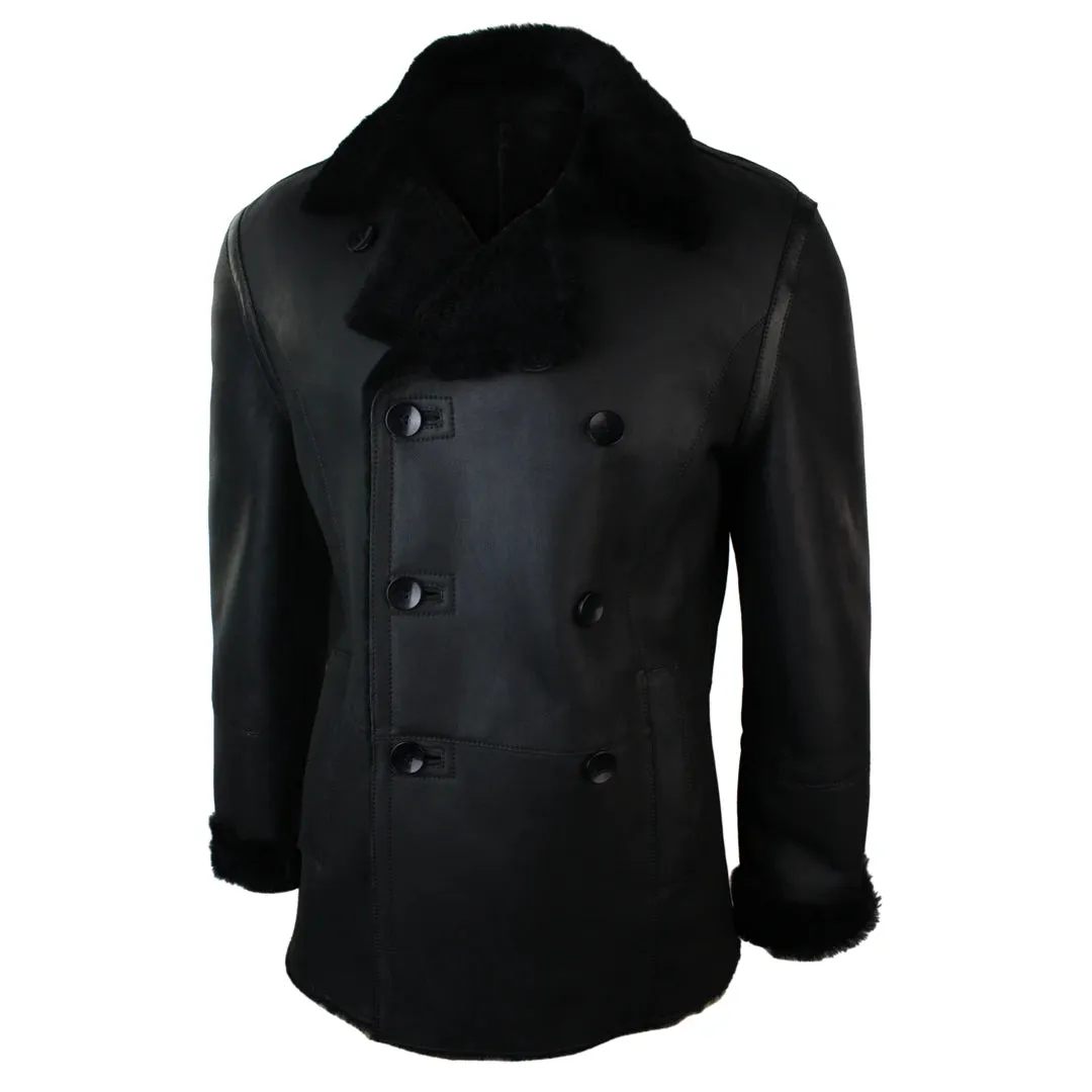 Men's Shearling German Navy Sheepskin Double Breasted Jacket Black Fitted