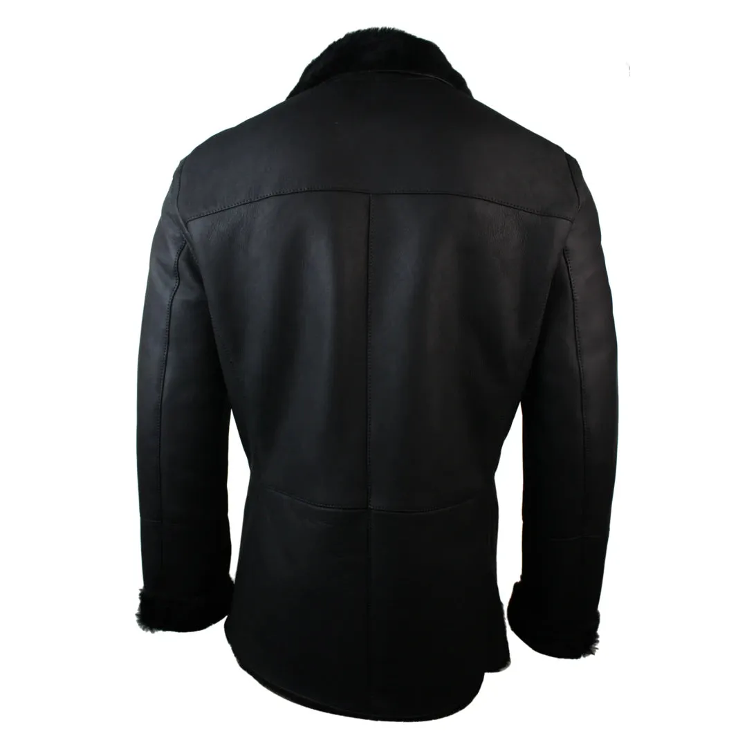 Men's Shearling German Navy Sheepskin Double Breasted Jacket Black Fitted