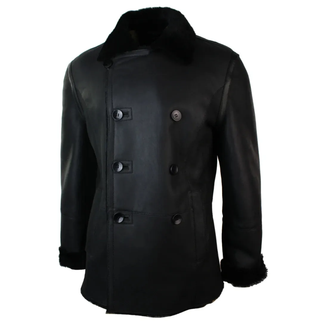 Men's Shearling German Navy Sheepskin Double Breasted Jacket Black Fitted