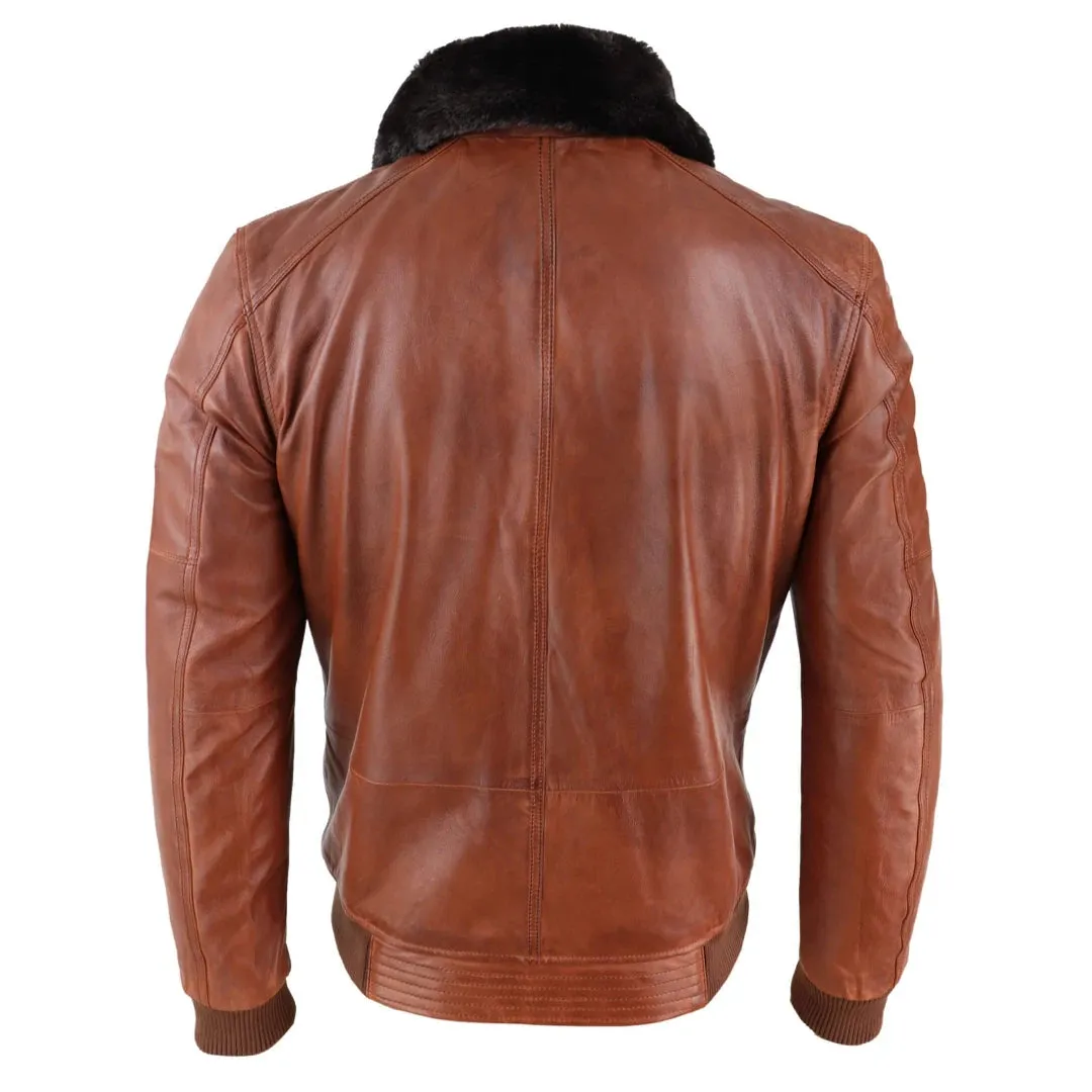 Men's Washed Rust Tan Brown Removable Fur Collar Pilot Leather Jacket