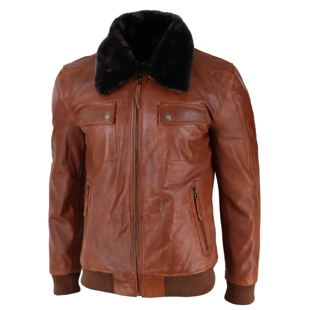 Men's Washed Rust Tan Brown Removable Fur Collar Pilot Leather Jacket