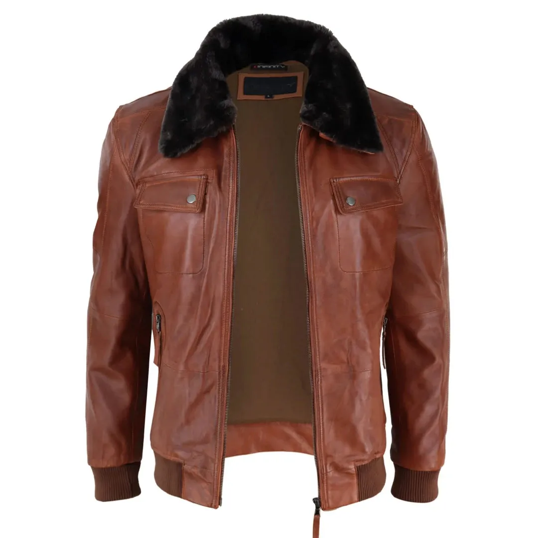 Men's Washed Rust Tan Brown Removable Fur Collar Pilot Leather Jacket