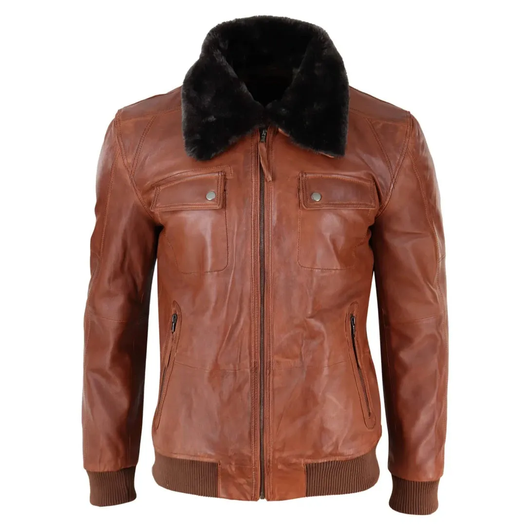 Men's Washed Rust Tan Brown Removable Fur Collar Pilot Leather Jacket