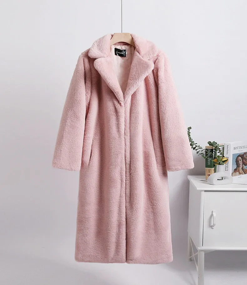 Mink Fleece Faux Fur Stitching Contrast Color Trench Coat for Women (9 colors)