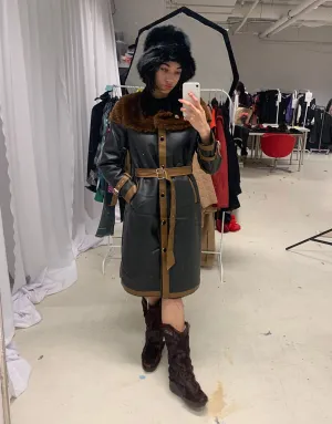 Mixed colors vegan leather trim trenchcoat