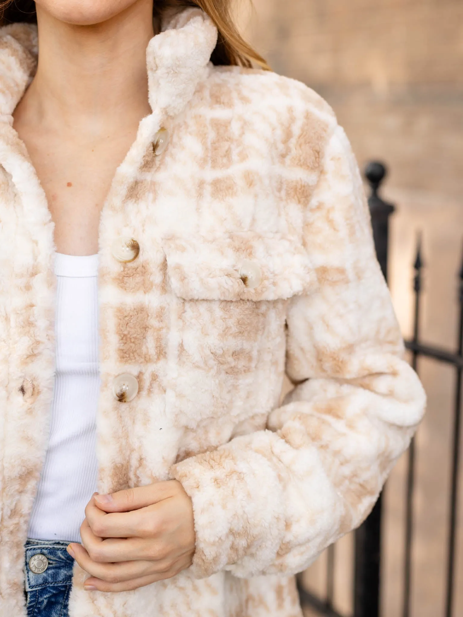 Mystree Button Down Printed Fur Jacket