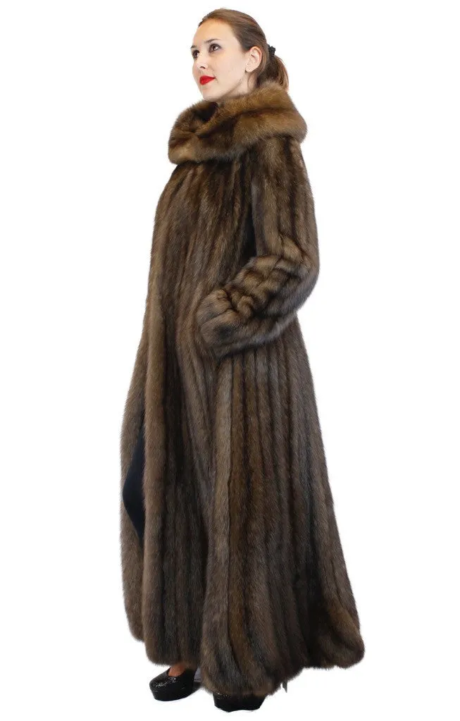 NATURAL ROYAL BARGUZIN RUSSIAN SABLE FUR EXTRA LONG COAT WITH FLARED TRUMPET BOTTOM