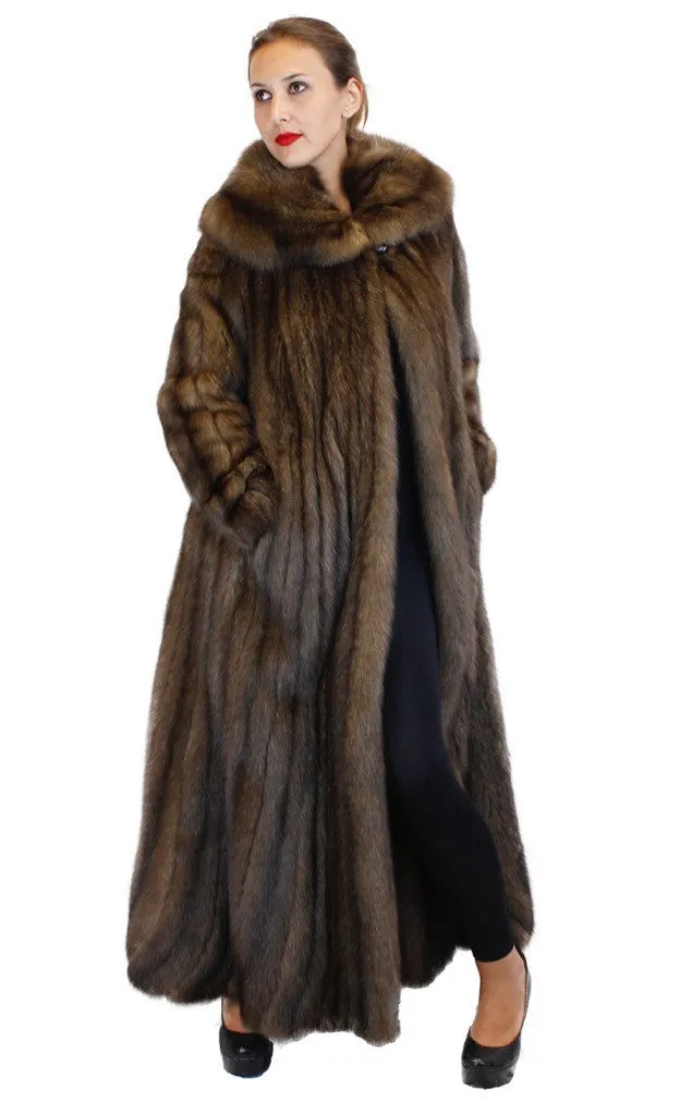 NATURAL ROYAL BARGUZIN RUSSIAN SABLE FUR EXTRA LONG COAT WITH FLARED TRUMPET BOTTOM