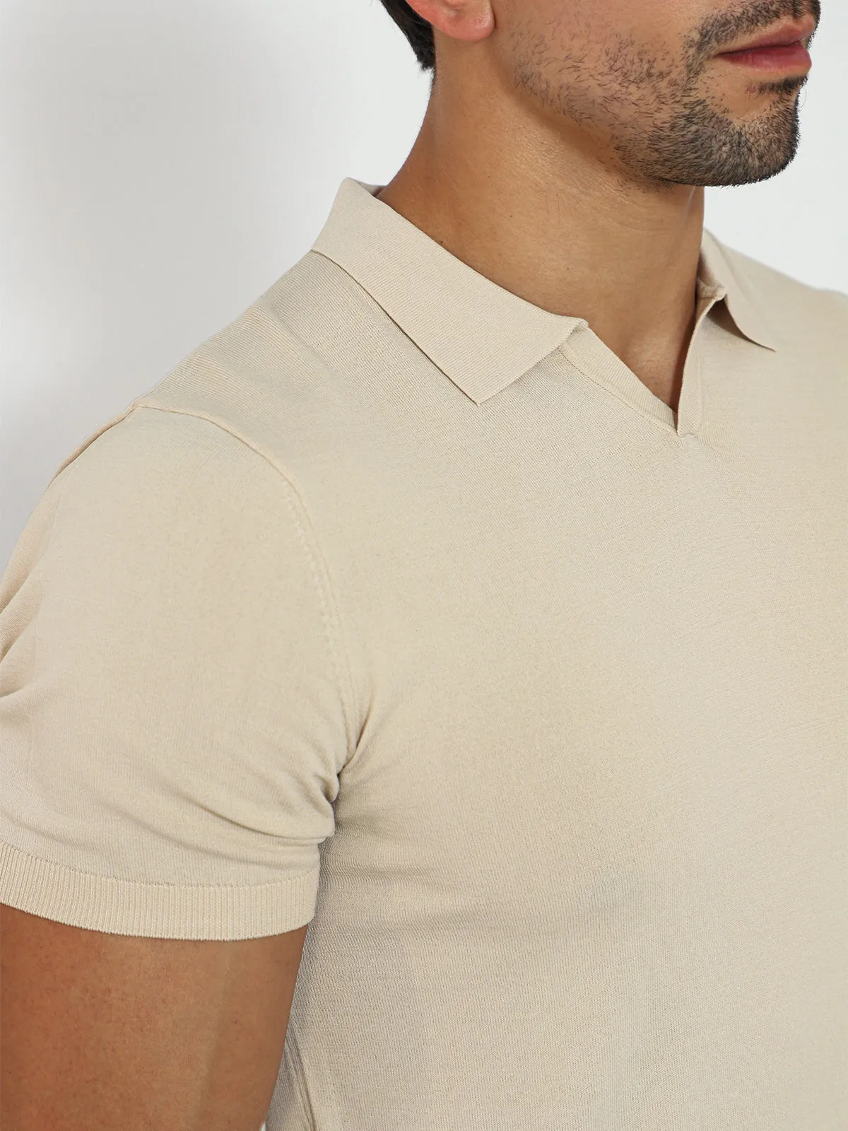 Open Collar Knit Polo Sand