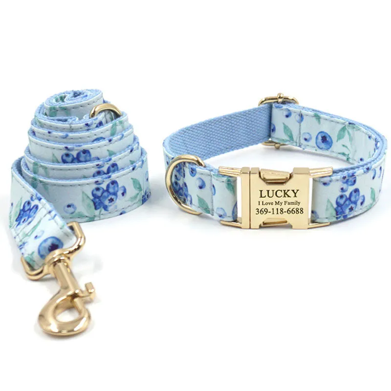 Personalized Dog Collar Set Blueberries Print Engraved Gold Metal Buckle