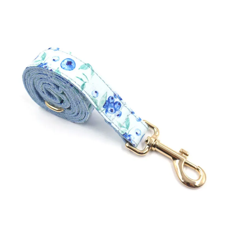 Personalized Dog Collar Set Blueberries Print Engraved Gold Metal Buckle