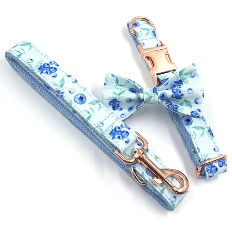 Personalized Dog Collar Set Blueberry Print Engraved Rose Gold Metal Buckle