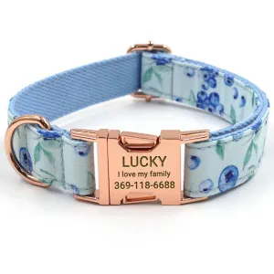 Personalized Dog Collar Set Blueberry Print Engraved Rose Gold Metal Buckle