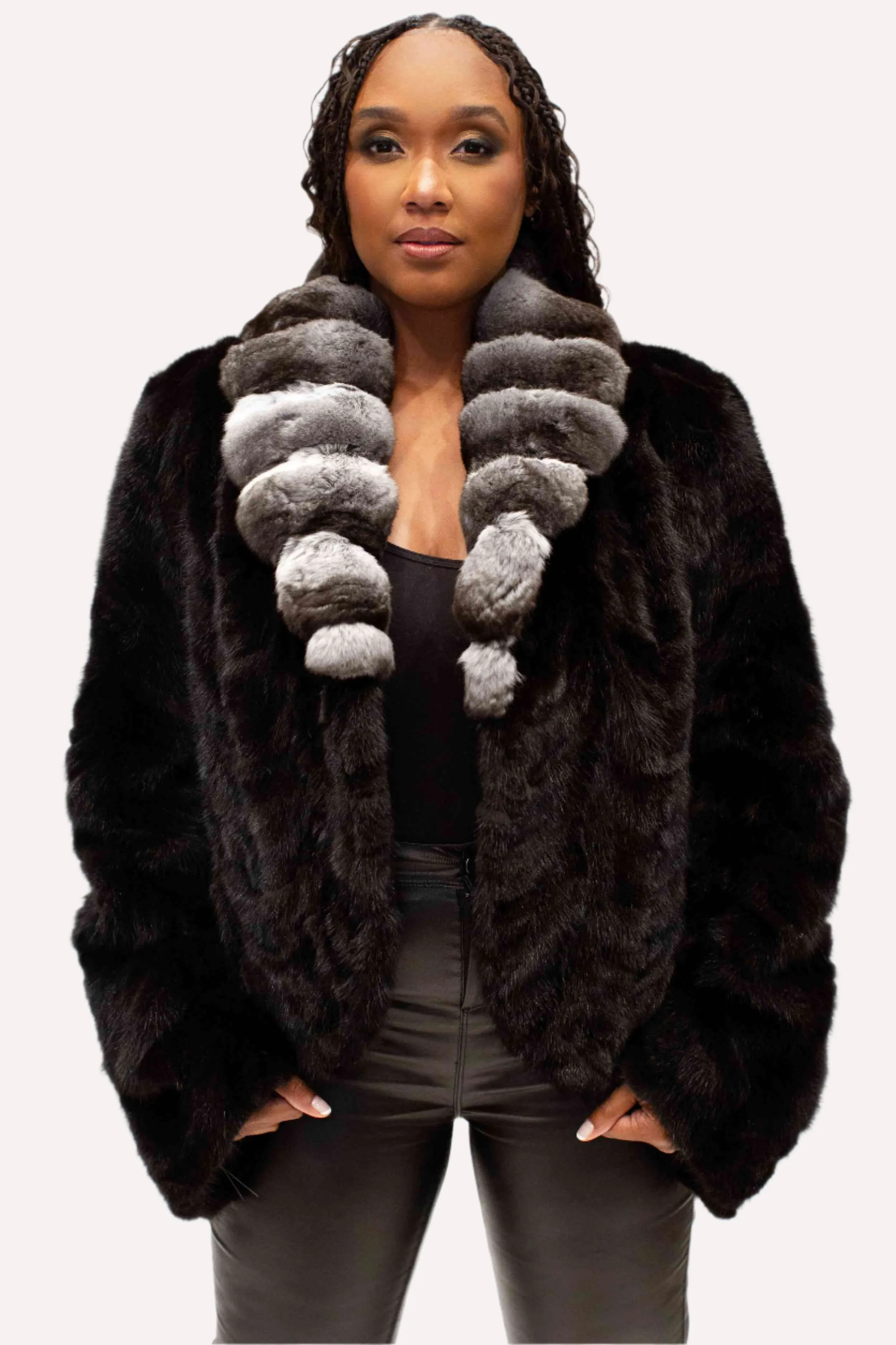 Ranch Mink Fur Bolero Jacket with Chinchilla Fur Shawl Collar