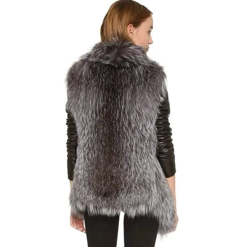 Real Knit Silver Fox Fur Vest With Collar