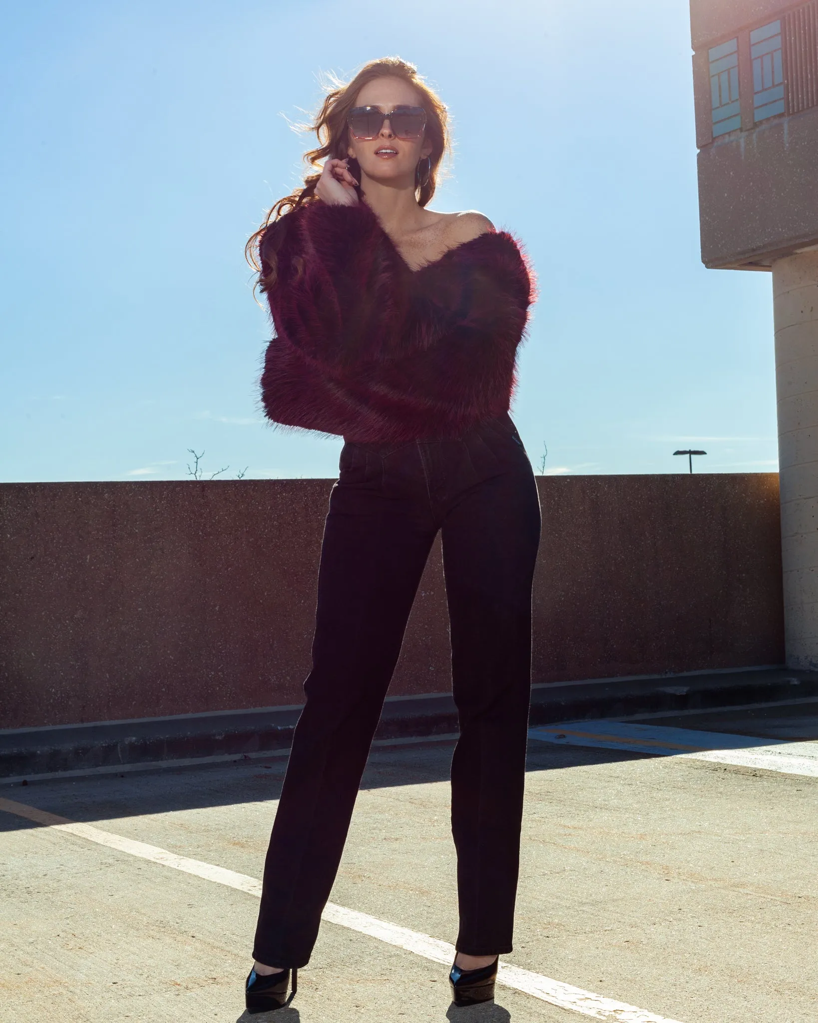 Red and Black Shaggy Faux Fur Cropped Coat   Oversized Collar