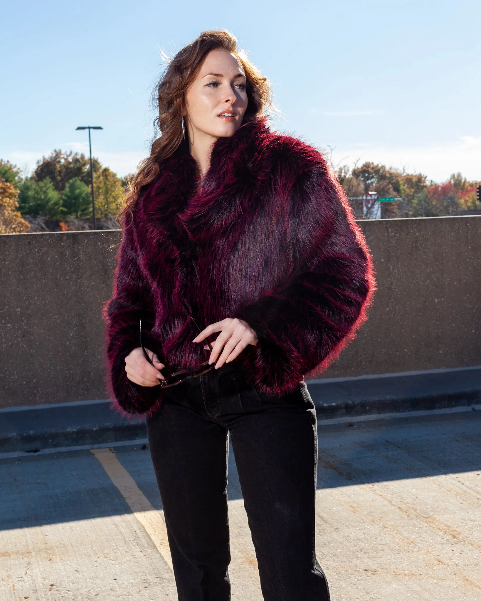 Red and Black Shaggy Faux Fur Cropped Coat   Oversized Collar