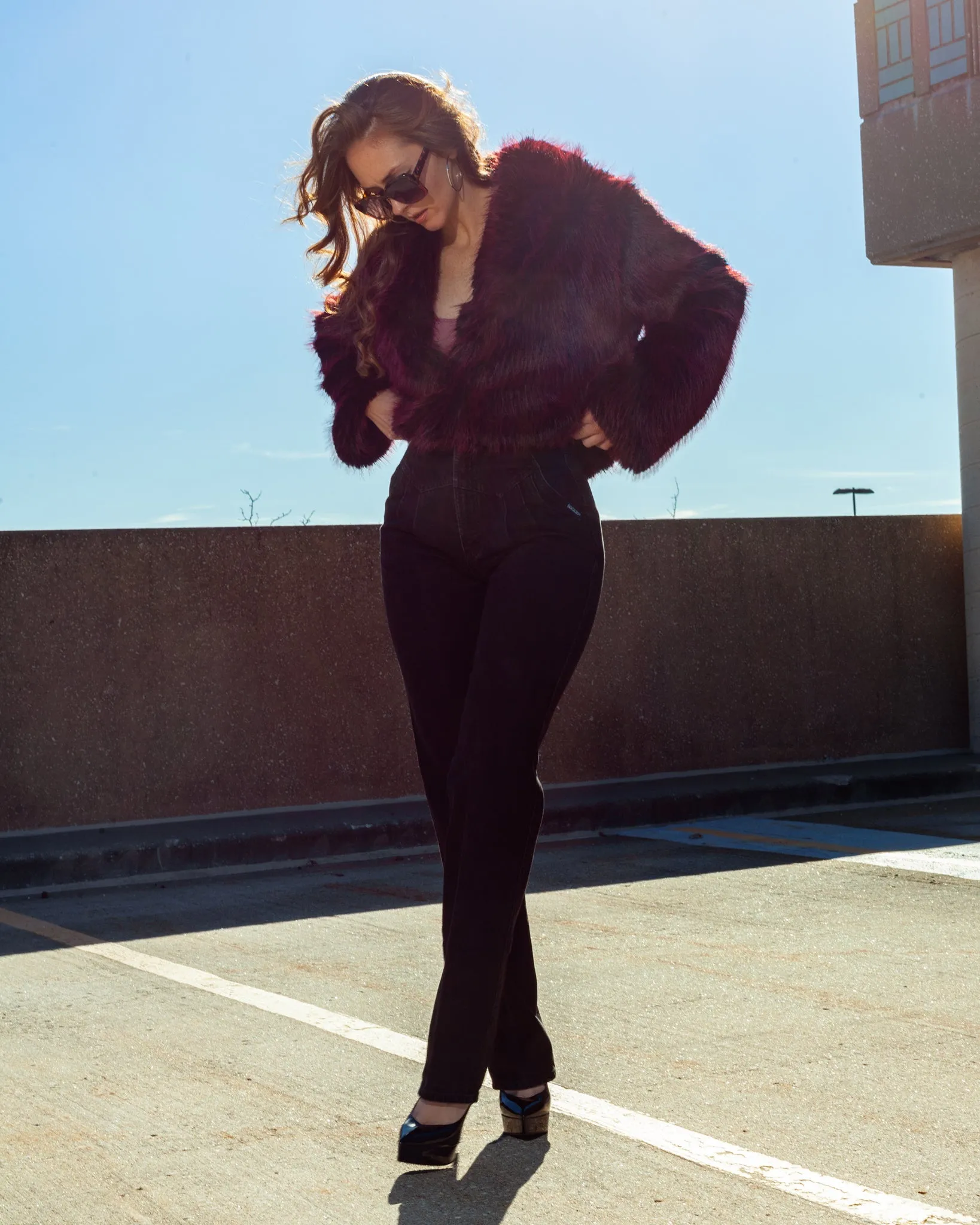 Red and Black Shaggy Faux Fur Cropped Coat   Oversized Collar