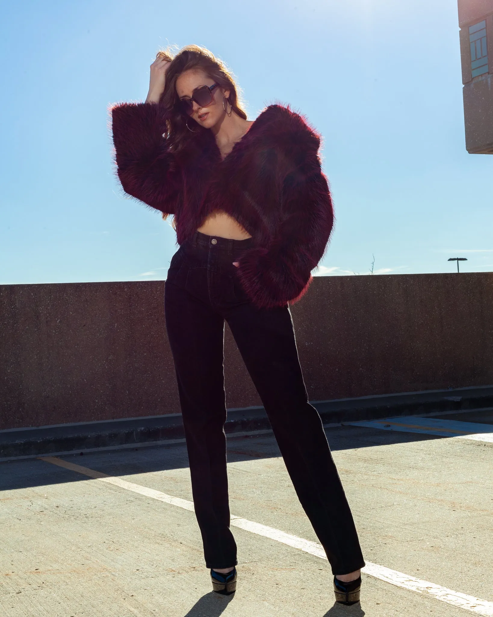 Red and Black Shaggy Faux Fur Cropped Coat   Oversized Collar