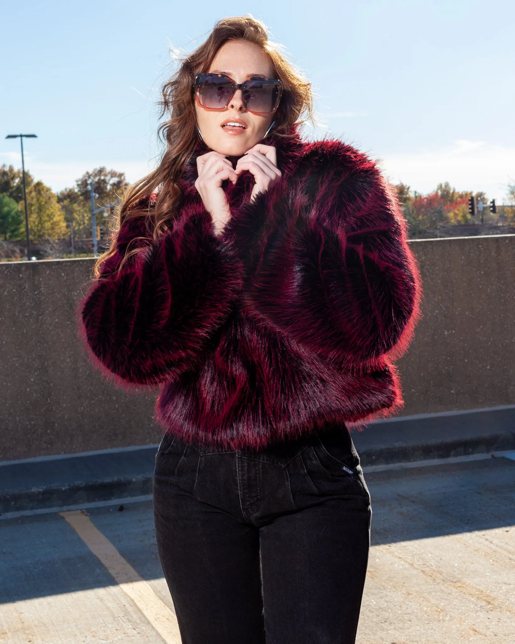 Red and Black Shaggy Faux Fur Cropped Coat   Oversized Collar