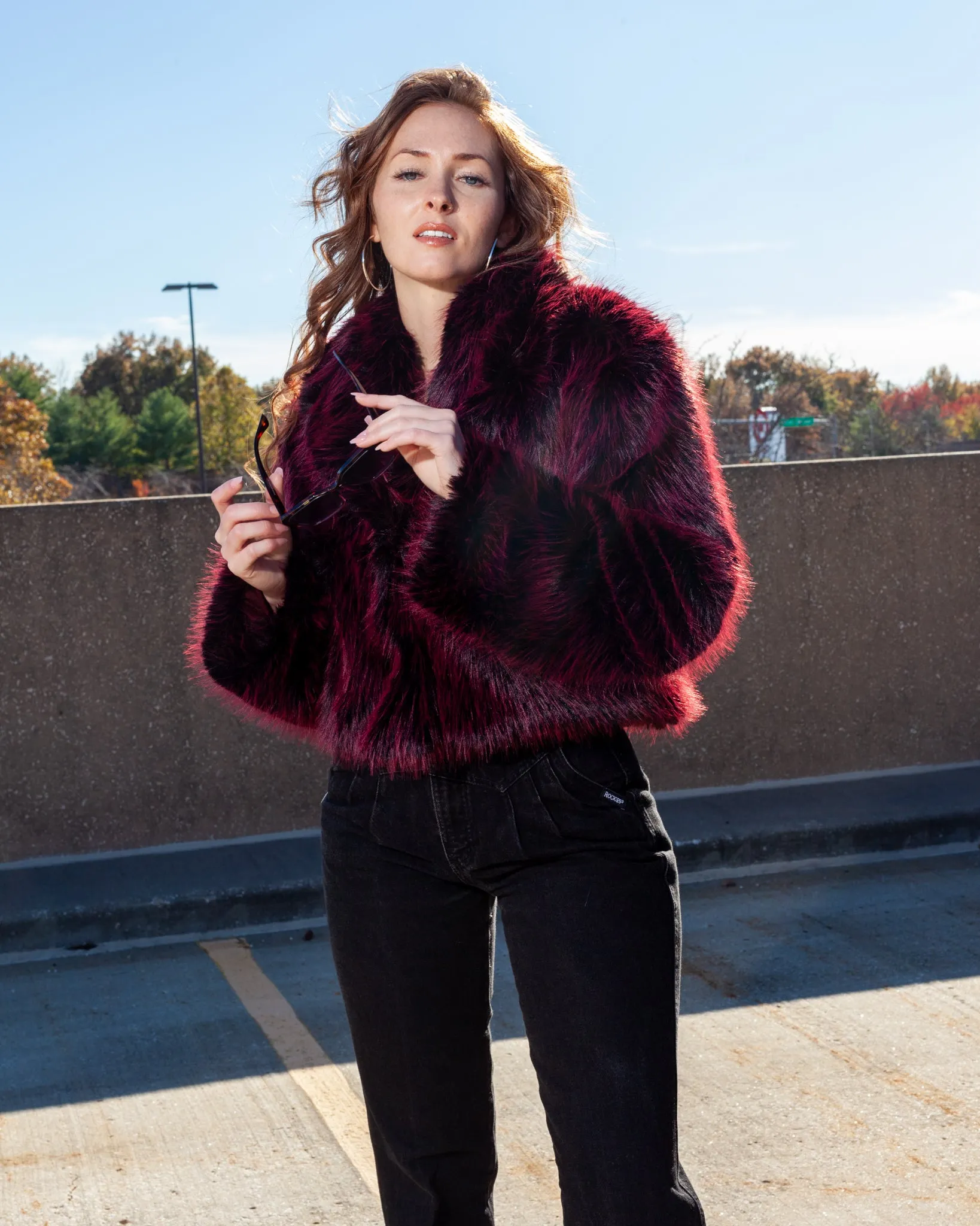 Red and Black Shaggy Faux Fur Cropped Coat   Oversized Collar