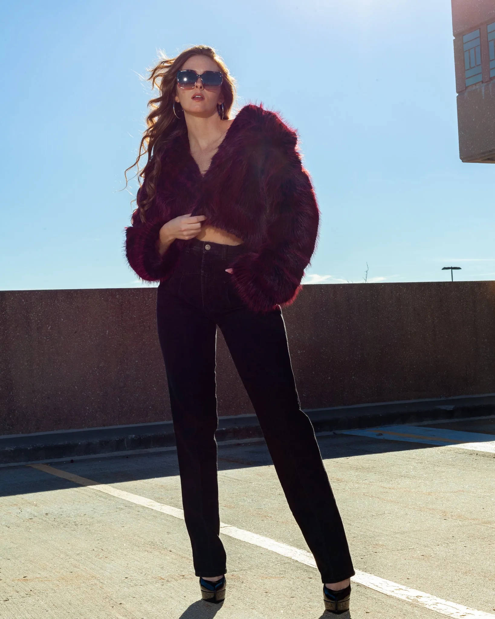 Red and Black Shaggy Faux Fur Cropped Coat   Oversized Collar