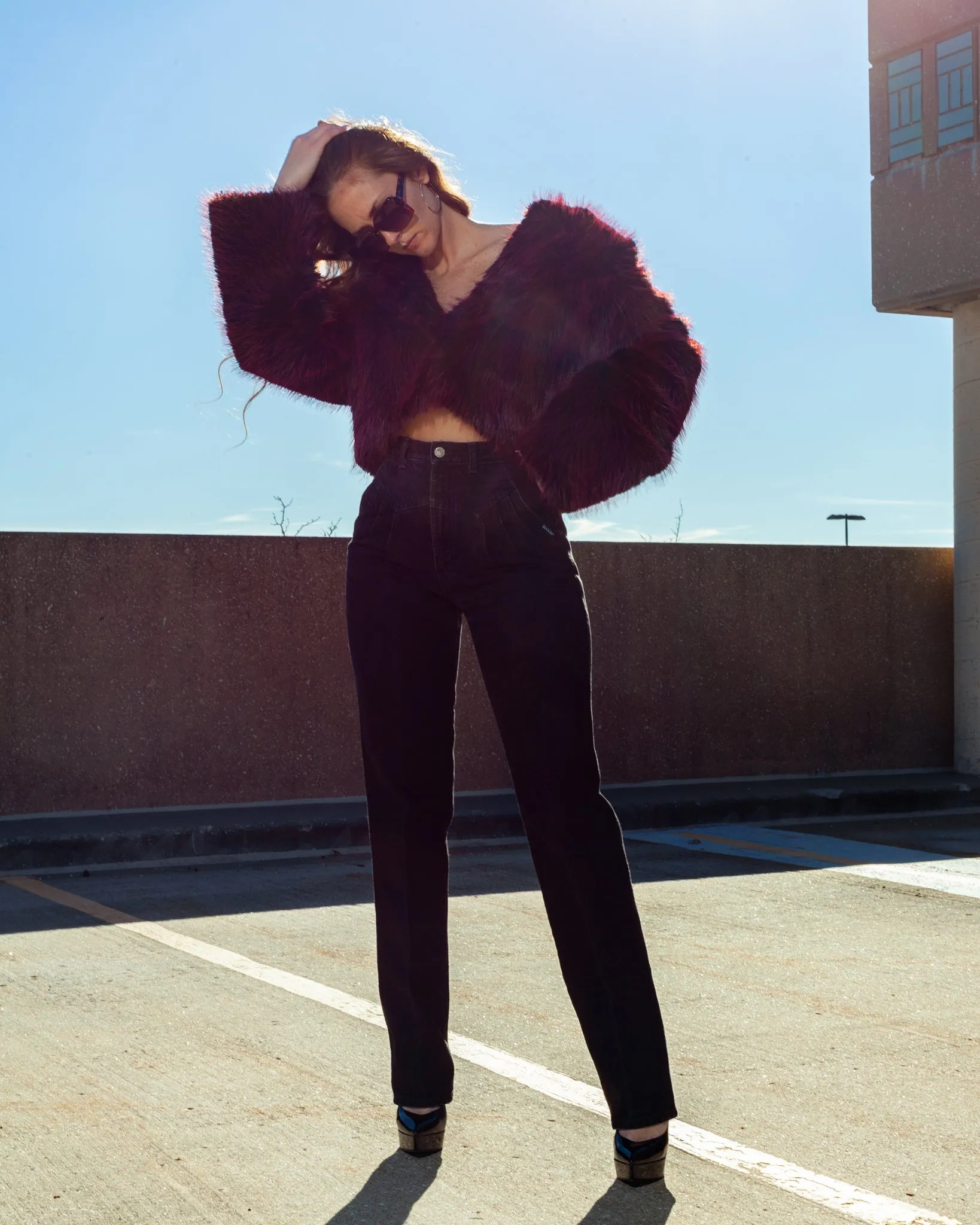 Red and Black Shaggy Faux Fur Cropped Coat   Oversized Collar