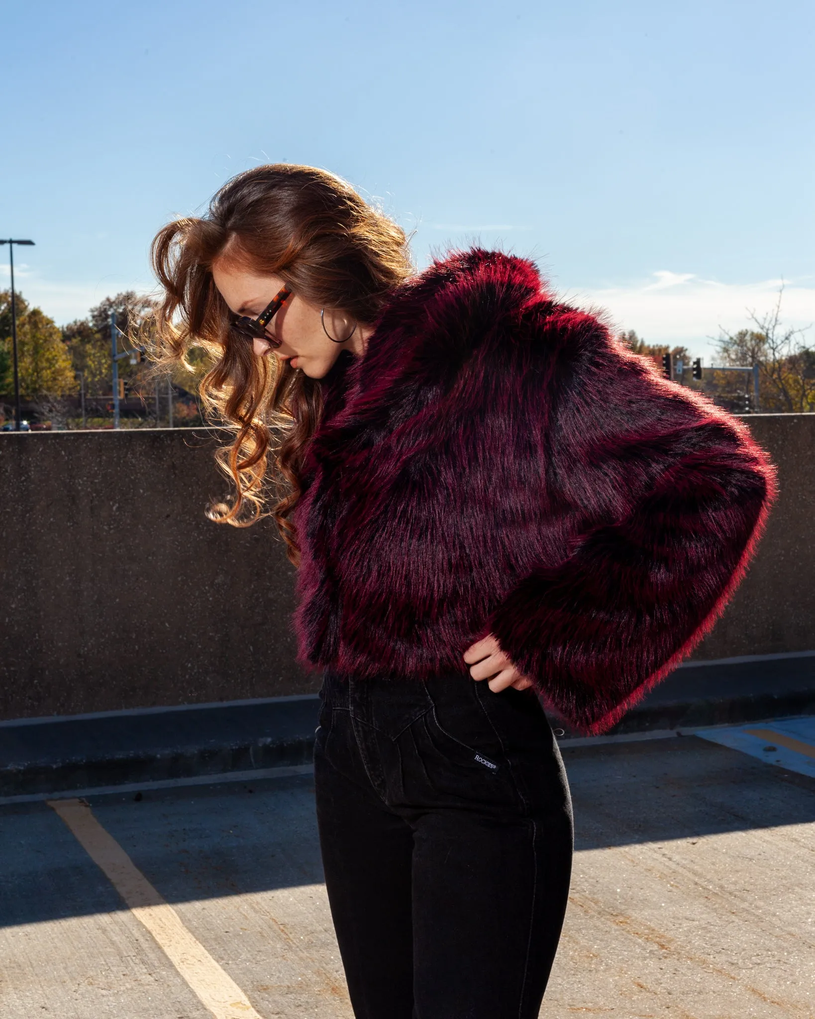 Red and Black Shaggy Faux Fur Cropped Coat   Oversized Collar