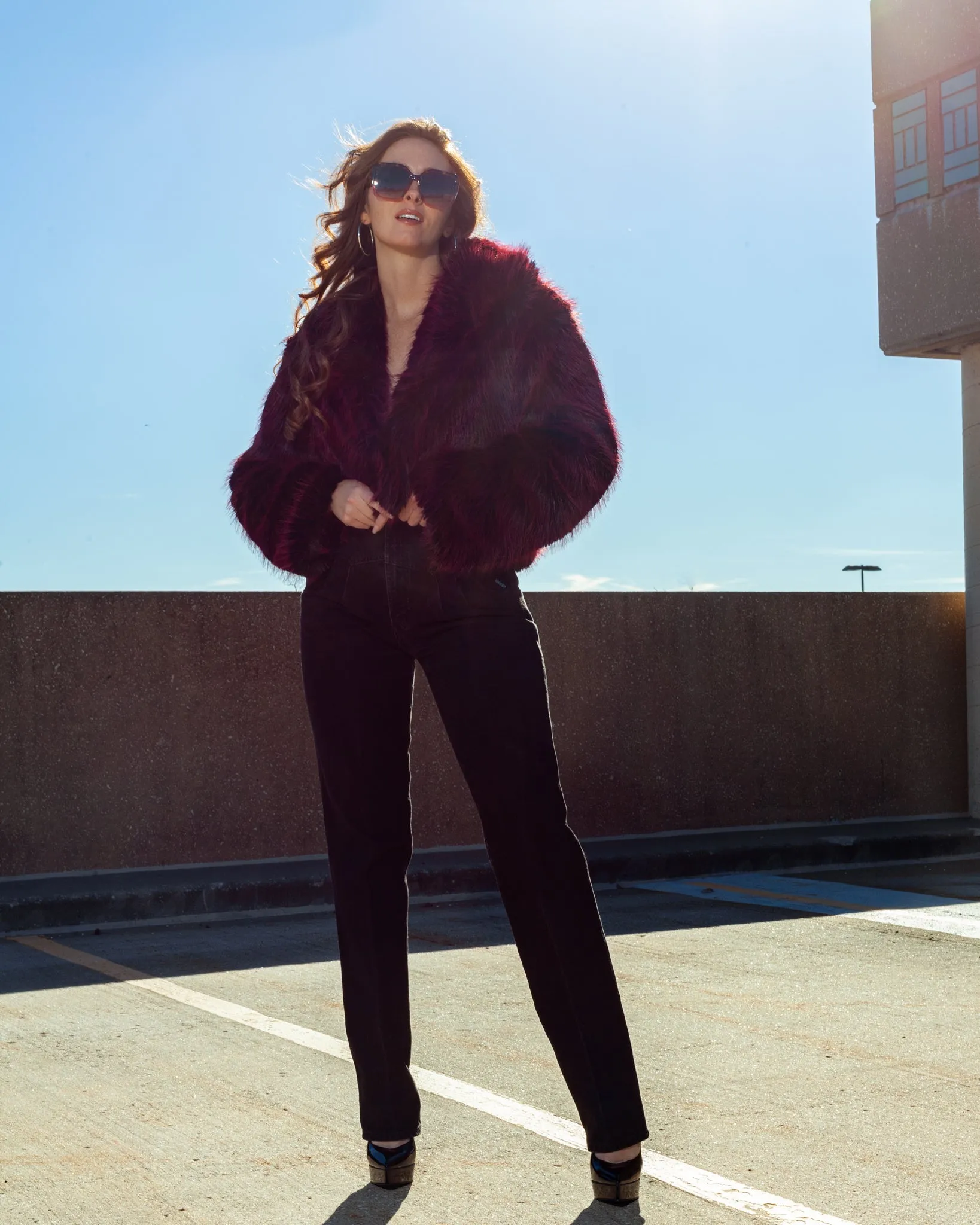 Red and Black Shaggy Faux Fur Cropped Coat   Oversized Collar