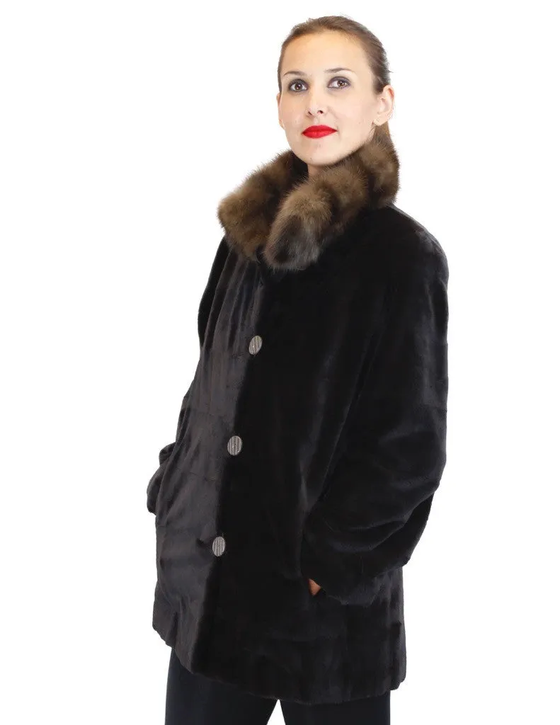 REVERSIBLE DARK BROWN SHEARED KOLINSKY MINK FUR JACKET W/ RUSSIAN SABLE FUR COLLAR