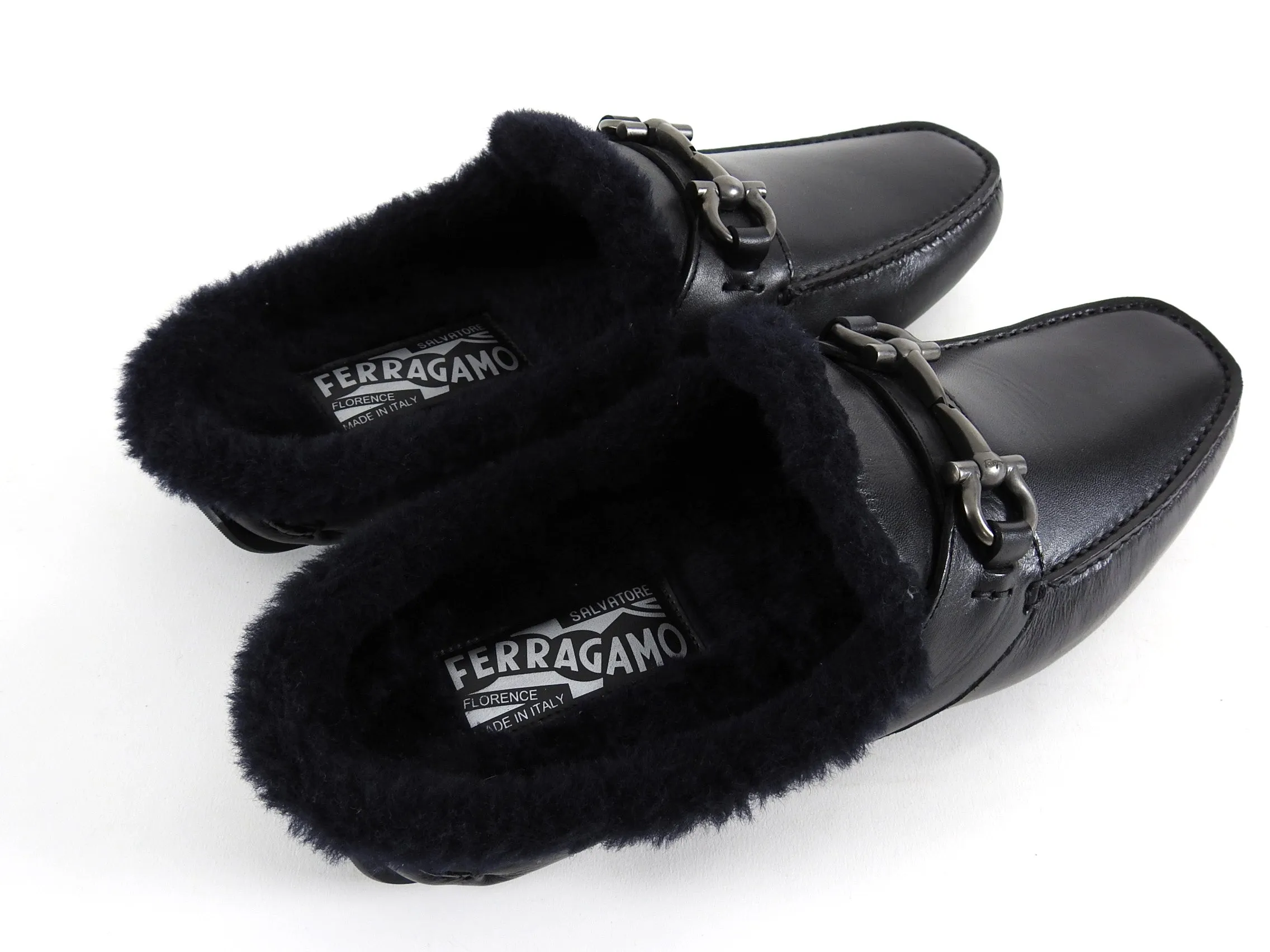 Salvatore Ferragamo Black Shearling Mule Slip-On Loafers - 9